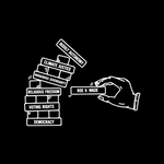 Load image into Gallery viewer, Back design of the SCOTUS Jenga Unisex Tee. The back of the tee is an illustration of a hand pulling a block from a stack of Jenga blocks, each block has a fundamental right on it. The one being pulled out is "Roe v. Wade"