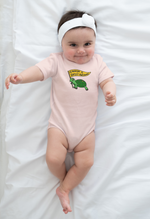 Load image into Gallery viewer, baby with headband wearing peach shirt with "Feminism is Turtley Awesome" onesie