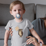 Load image into Gallery viewer, Toddler with a pacifier and heather grey onesie with "Hoo's Ready To Vote" owl design