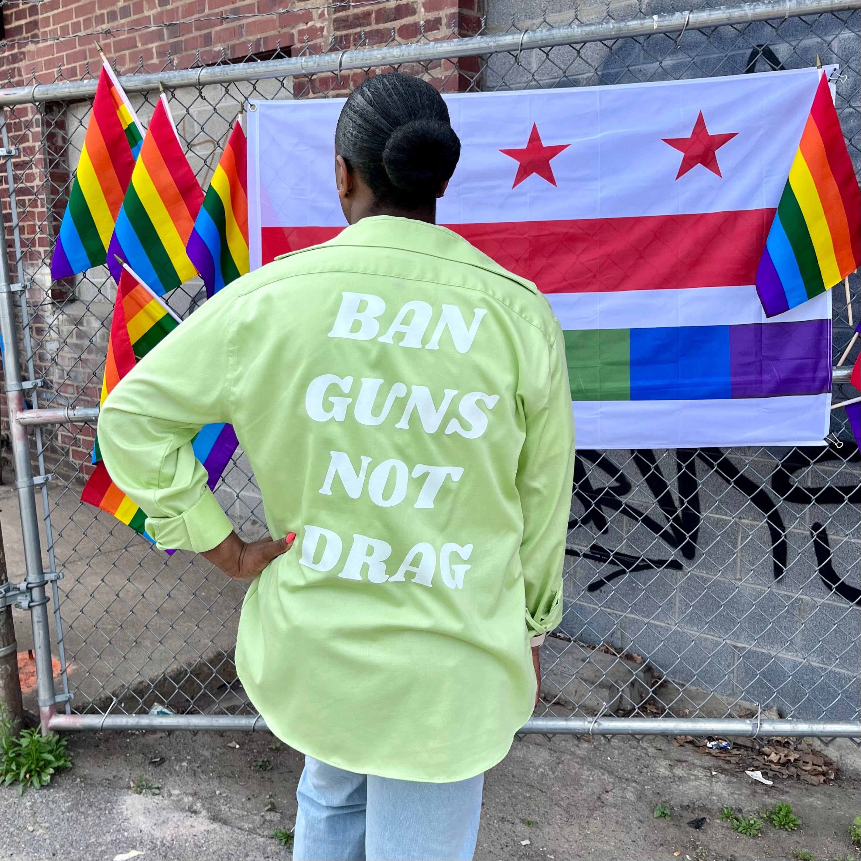 Green Ban Guns Not Drag Upcycled Button Down