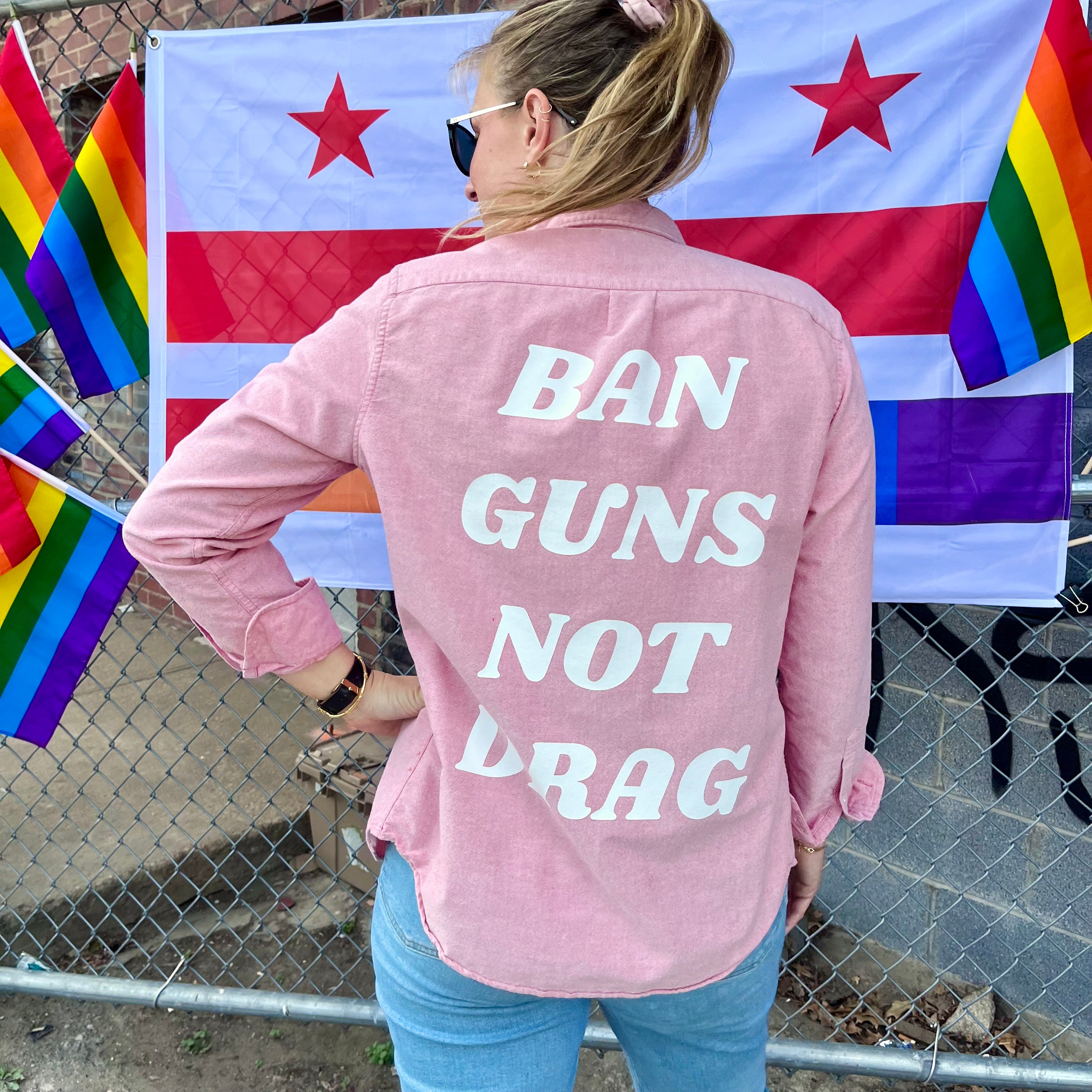 Red Ban Guns Not Drag Upcycled Button Down