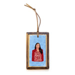 Load image into Gallery viewer, Rectangular wooden ornament with illustrated portrait of Alexandra Ocasio-Cortez and quote 
