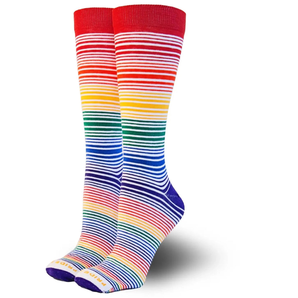 knee high rainbow socks with varied width stripes