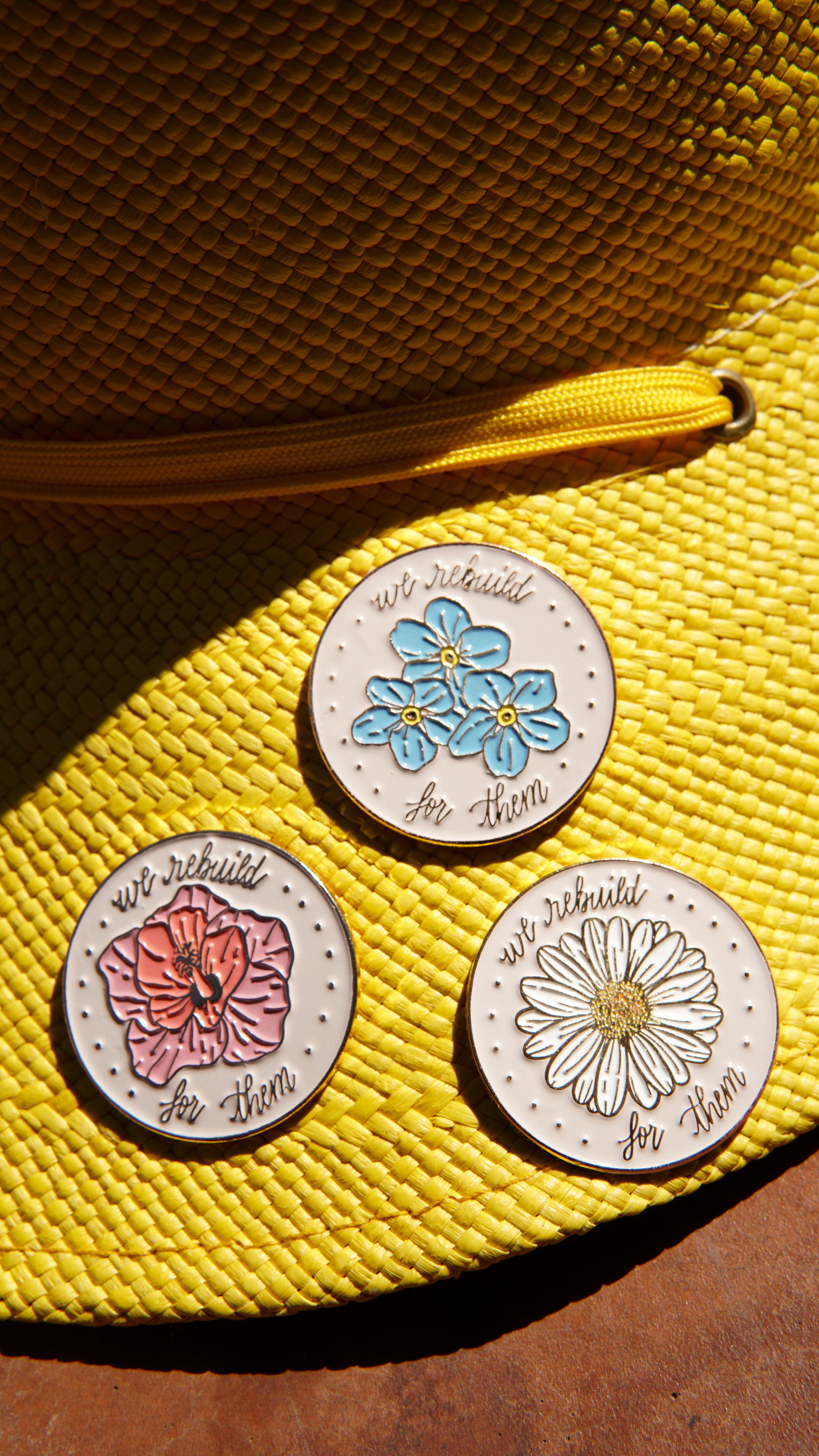 Set of 3 COVID-19 Memorial Pins on a yellow hat