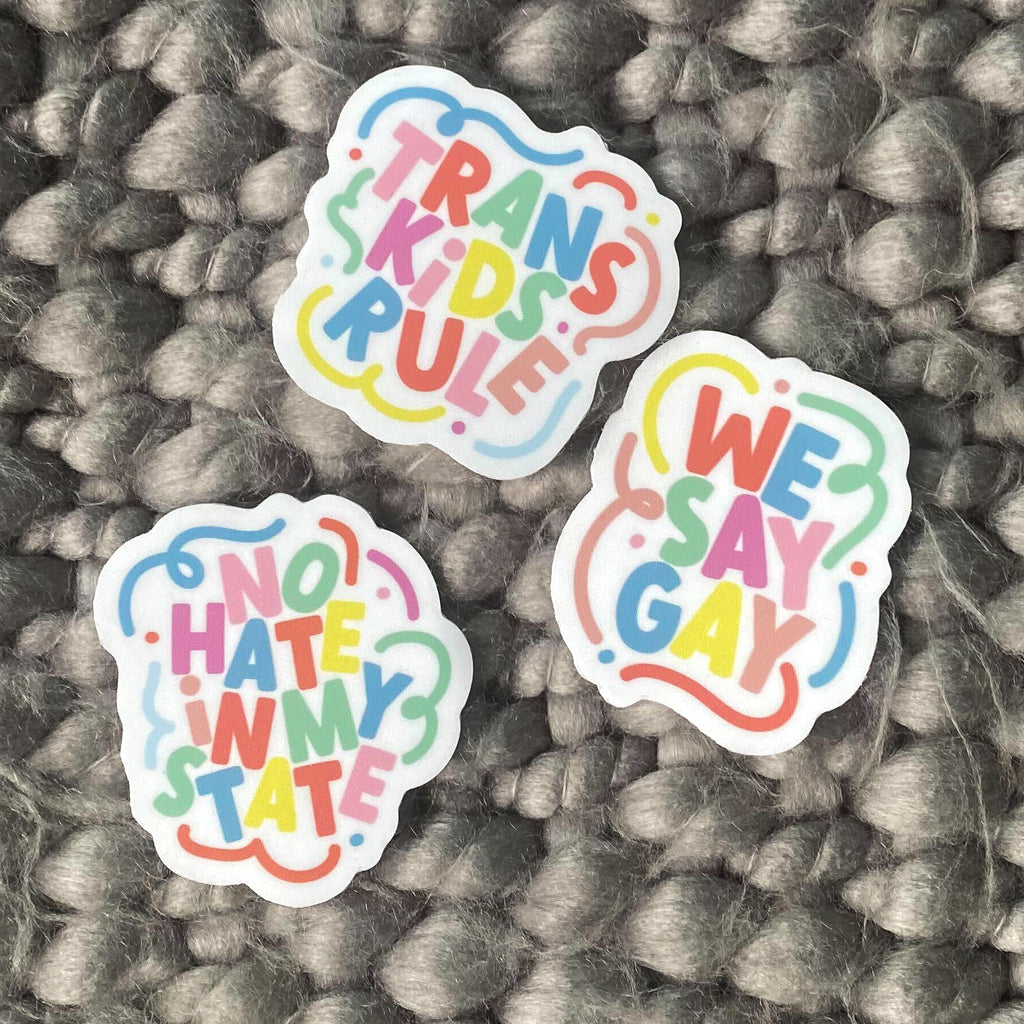 Photo of the "Trans Kids Rule" "We Say Gay" and "No Hate In My State" stickers.