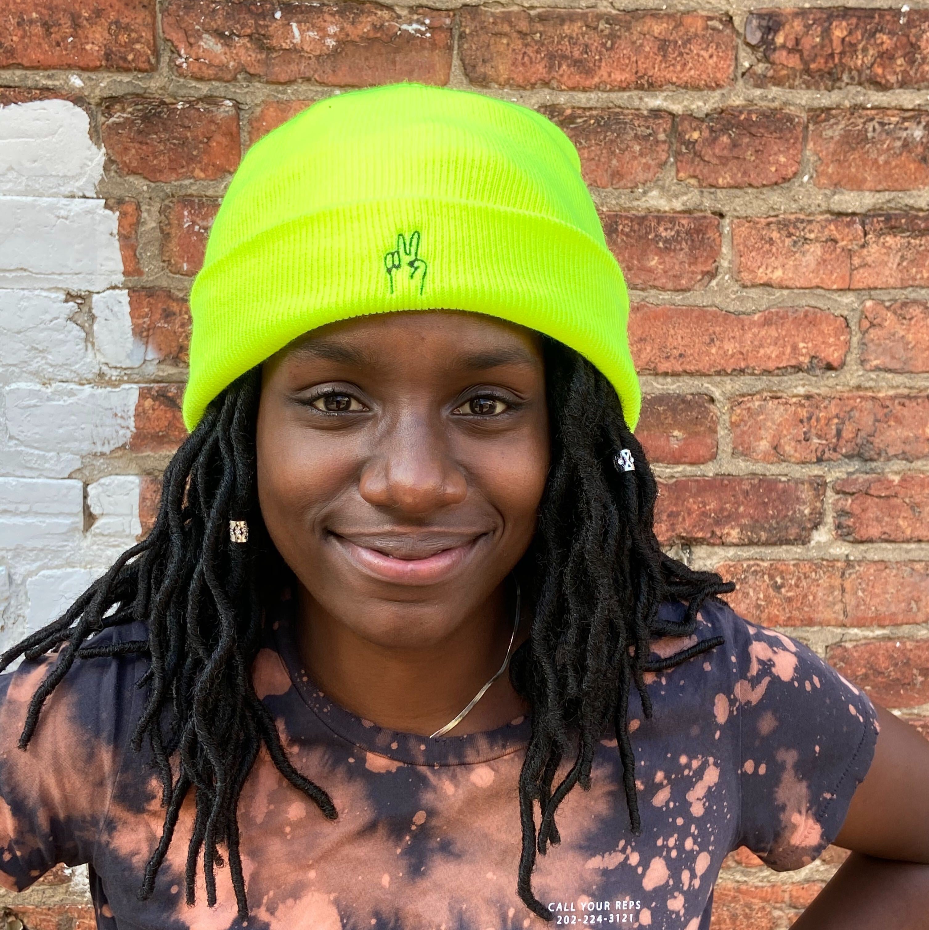 Peace Sign Beanie — Highlighter Yellow