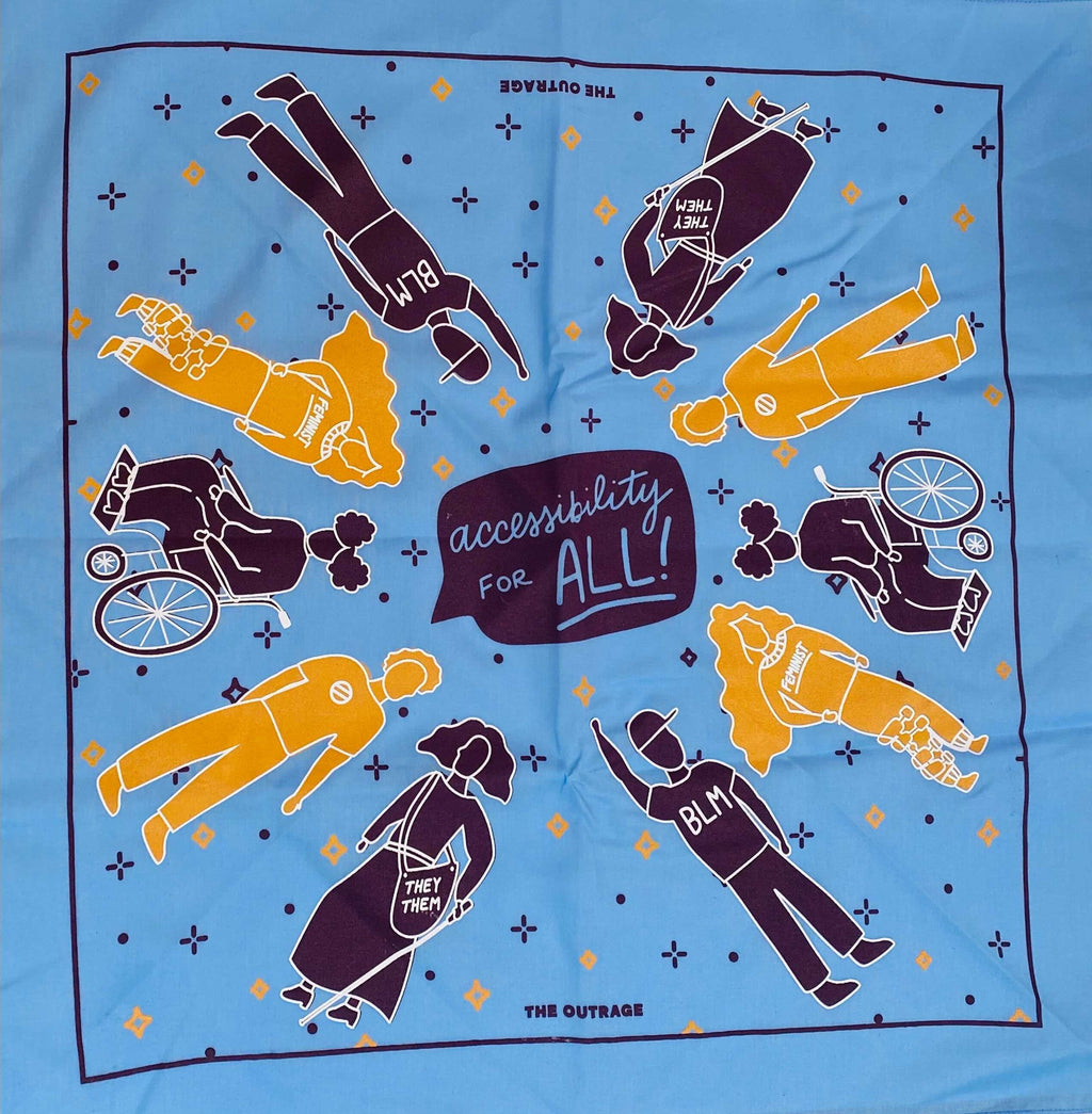 The Outrage's Accessibility for All bandana in blue with print of different types of bodies.
