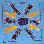 Load image into Gallery viewer, The Outrage&#39;s Accessibility for All bandana in blue with print of different types of bodies.
