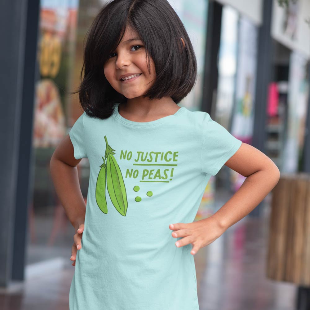 Kid wearing No Justice No Peas toddler tshirt