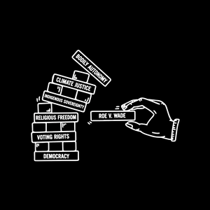Back design of the SCOTUS Jenga Unisex Tee. The back of the tee is an illustration of a hand pulling a block from a stack of Jenga blocks, each block has a fundamental right on it. The one being pulled out is "Roe v. Wade"