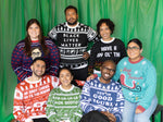Load image into Gallery viewer, Group photo of all of The Outrage Holiday Photos. There is a green background.
