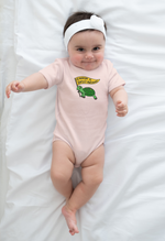 Load image into Gallery viewer, baby with headband wearing peach shirt with &quot;Feminism is Turtley Awesome&quot; onesie
